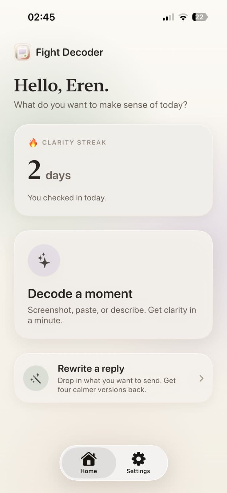 Fight Decoder home screen with clarity streak and options to decode a moment or rewrite a reply