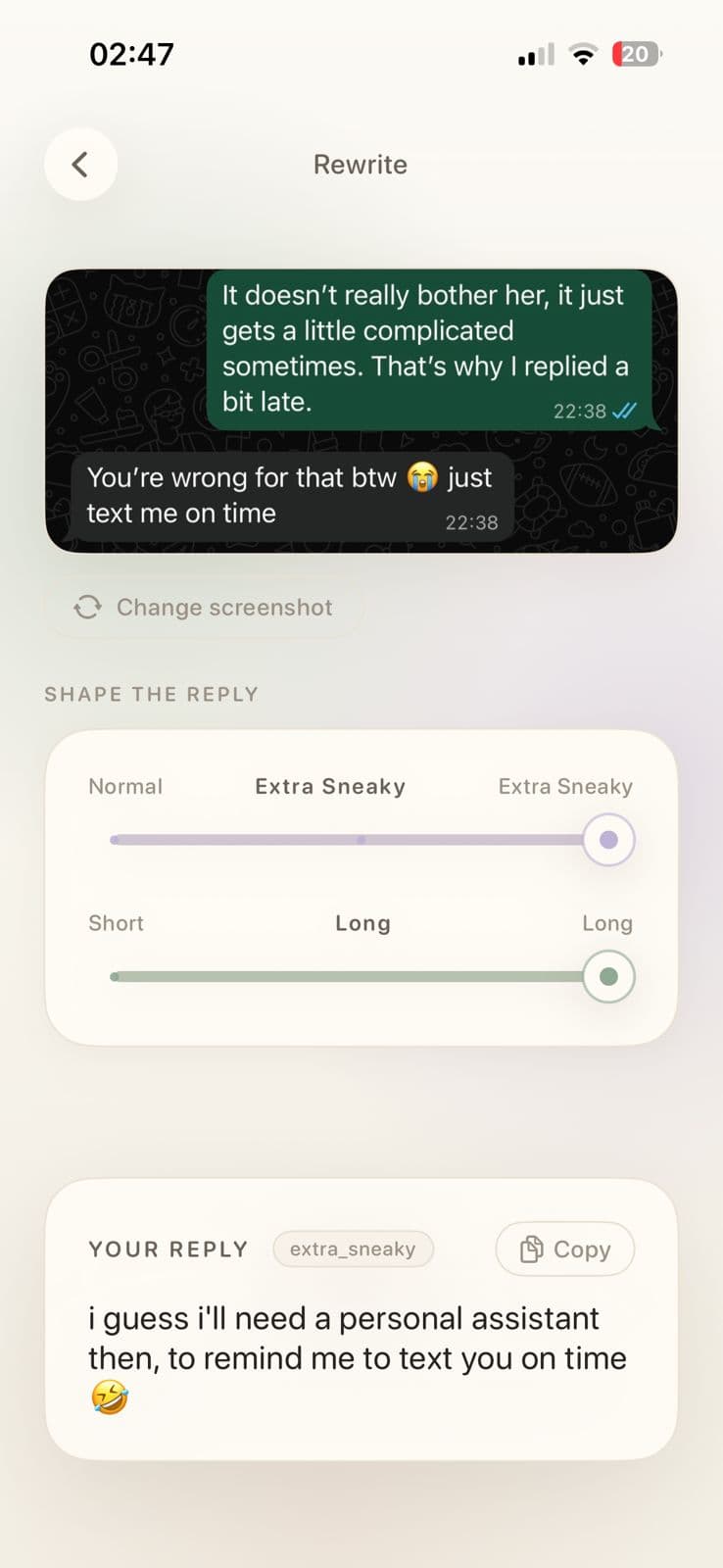 Fight Decoder rewrite screen showing a chat screenshot, tone and length sliders, and a generated reply
